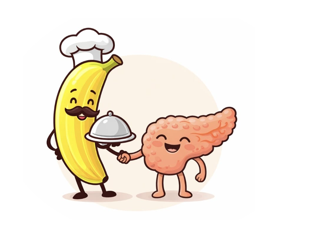 Friends With Food Again mascot — banana chef and pancreas friends